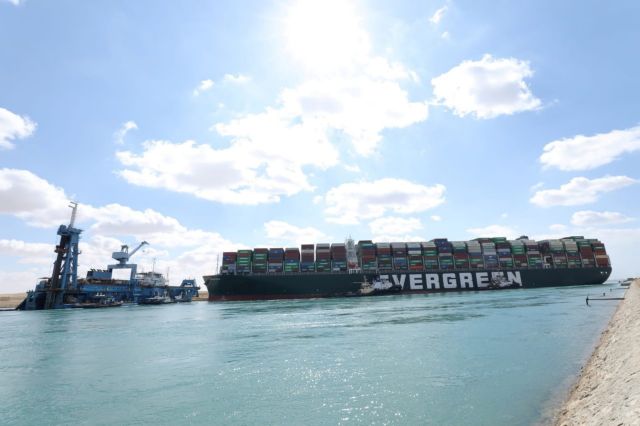 FILE PHOTO: Stranded container ship Ever Given, one of the world's largest container ships, is seen after it ran aground, in Suez Canal