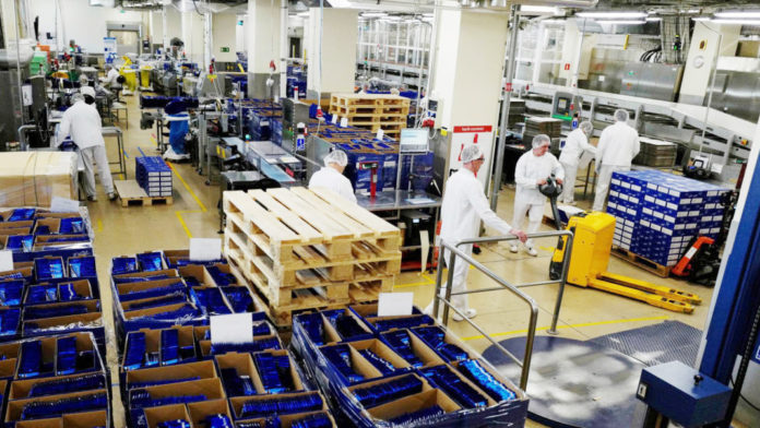 Workers are seen during Wedel milk chocolate production at the Lotte Wedel factory in Warsaw